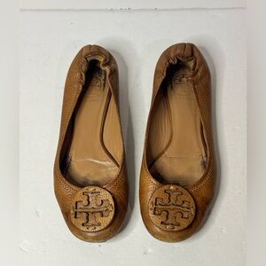 Tory Burch Royal Tan Leather Reva Flats Size 6